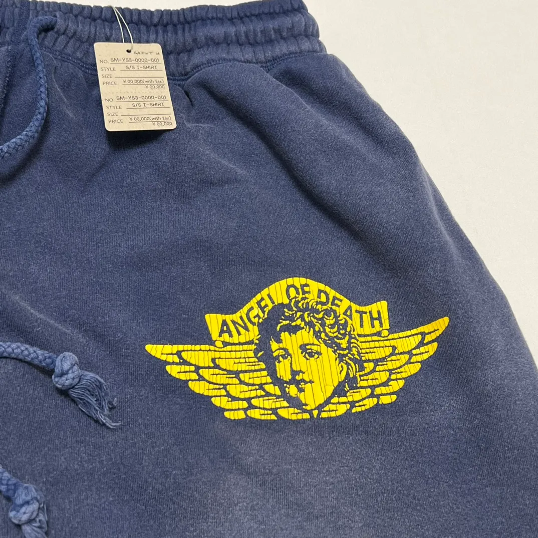 SAINT M×××××× ANGEL SWEATER PANTS/NAVY Angel Reborn Blue Sweatpants Washed Blue S-XL Assute Garment Dyeing Full Clothes Water Fading Dirty and Distressed New Vintage Ceiling God Cut Original Same Style